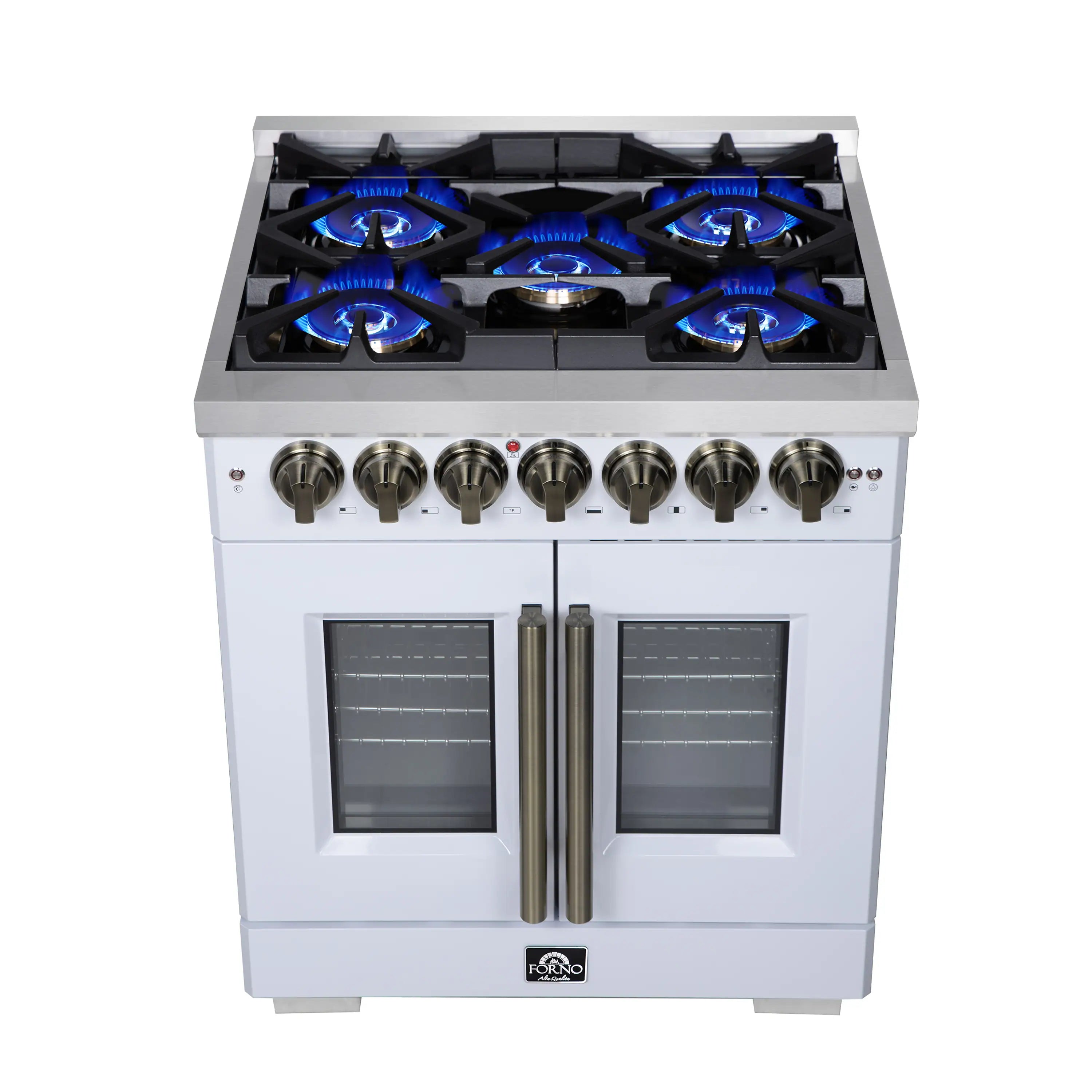 Forno Capriasca 30-Inch Freestanding French Door Dual Fuel Range in White with Antique Brass Handle (FFSGS6387-30WHT)