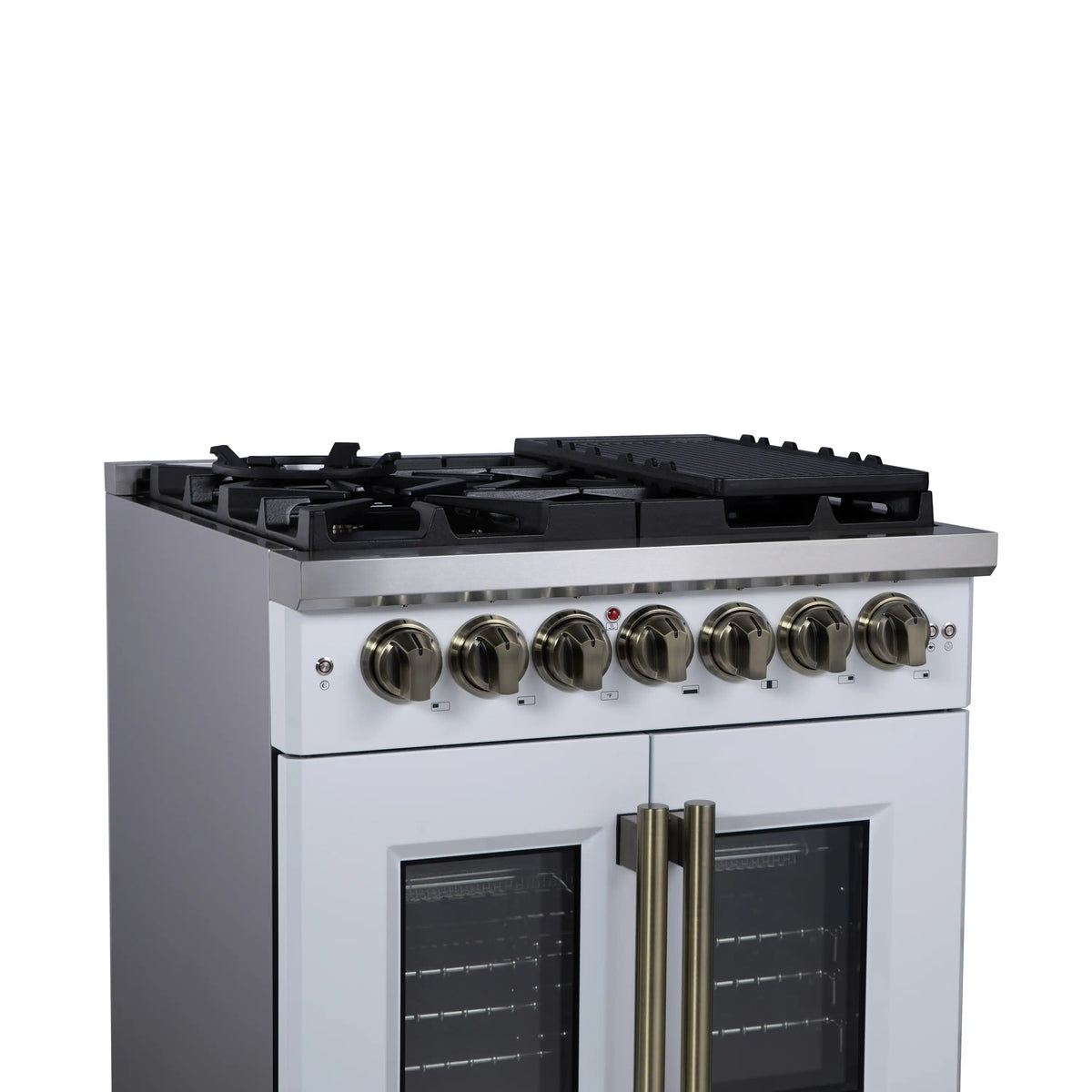 Forno Capriasca 30-Inch Freestanding Dual Fuel Range, French Door Oven, White with Antique Brass Handle (FFSGS6387-30WHT)