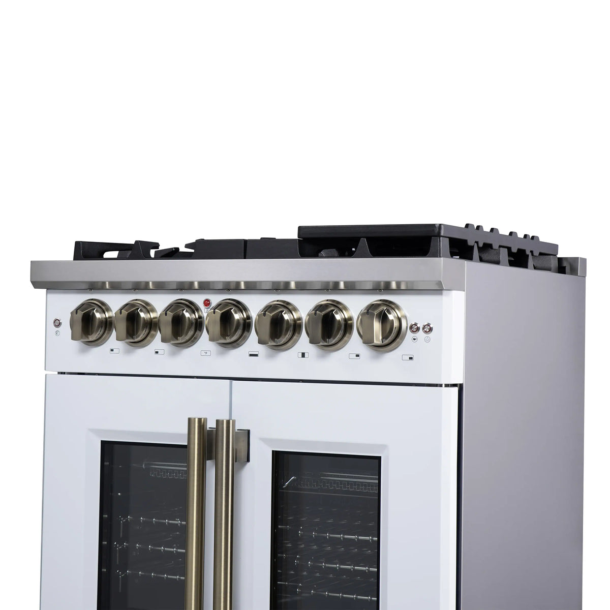 Forno Capriasca 30-Inch Freestanding Dual Fuel Range, French Door Oven, White with Antique Brass Handle (FFSGS6387-30WHT)
