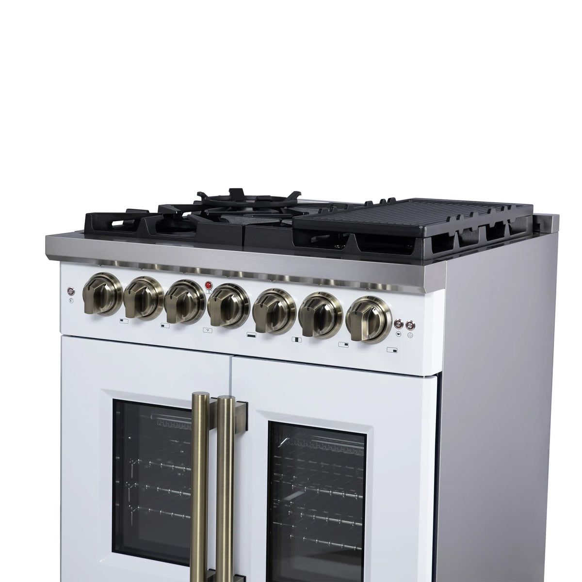 Forno Capriasca 30-Inch Freestanding Dual Fuel Range, French Door Oven, White with Antique Brass Handle (FFSGS6387-30WHT)