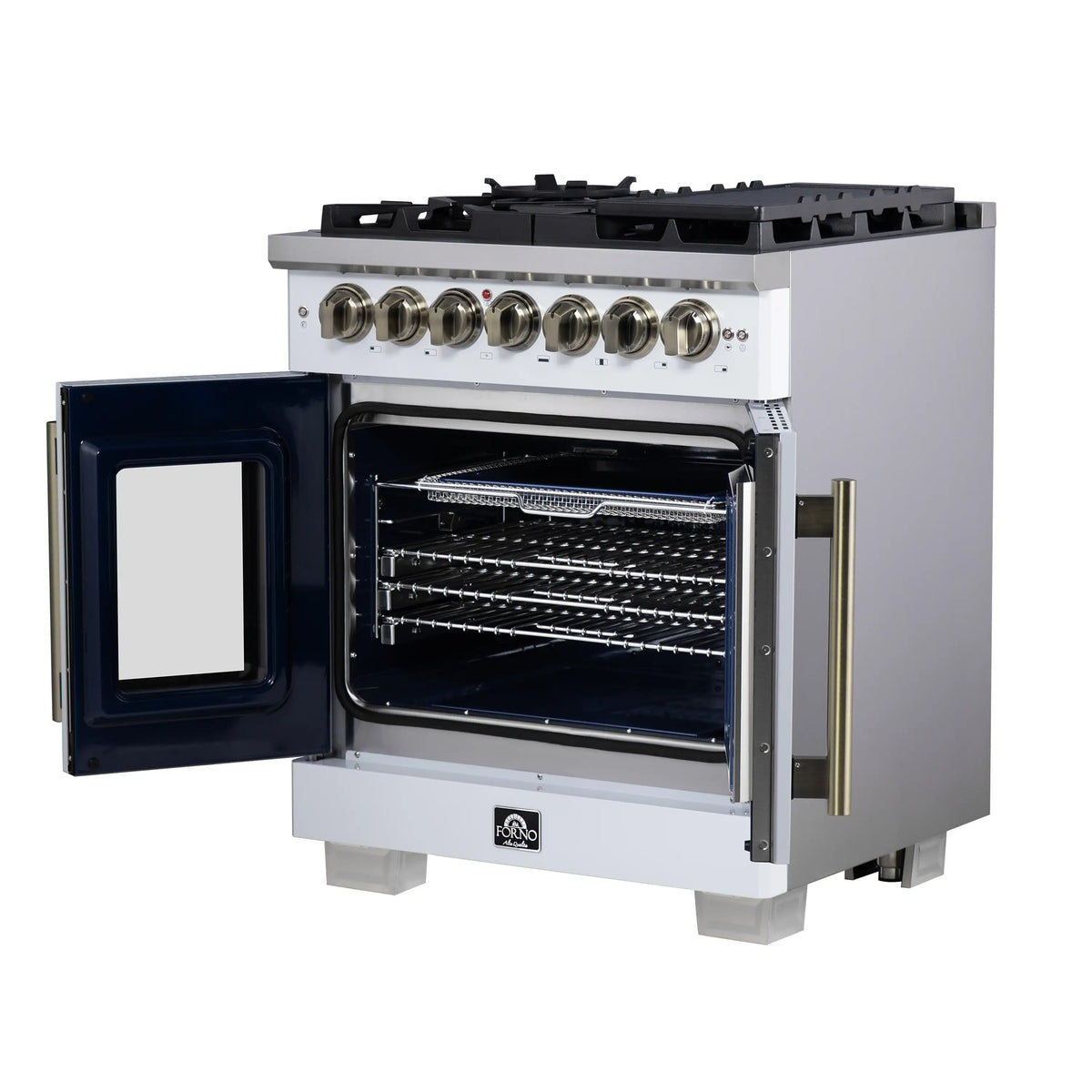 Forno Capriasca 30-Inch Freestanding Dual Fuel Range, French Door Oven, White with Antique Brass Handle (FFSGS6387-30WHT)