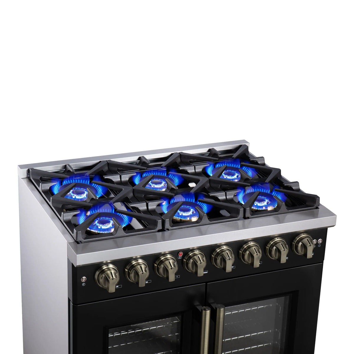 Forno Capriasca 36-Inch Freestanding Dual Fuel Range, French Door Oven, Black with Antique Brass Handle (FFSGS6387-36BLK)