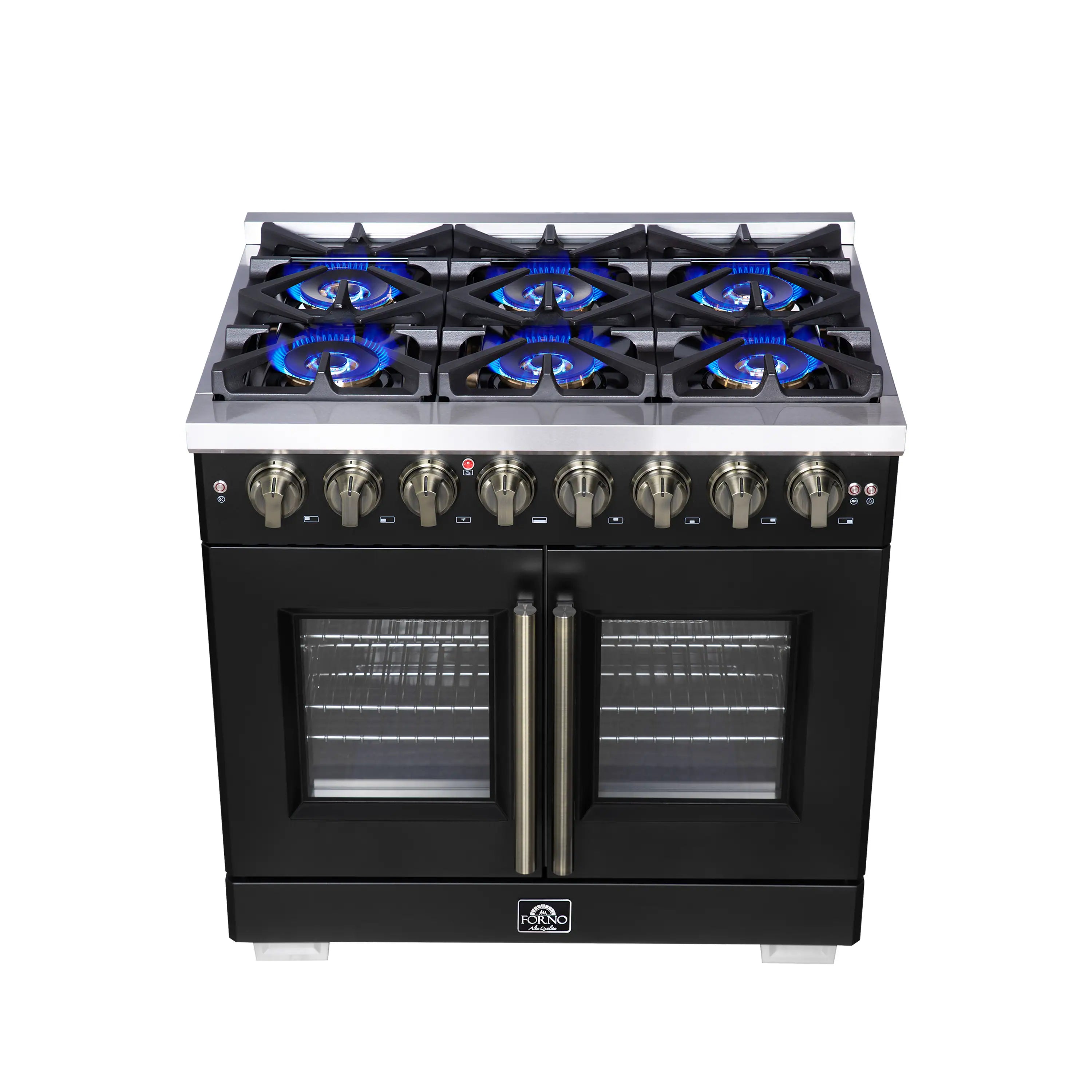 Forno Capriasca 36-Inch Freestanding French Door Dual Fuel Range in Black with Antique Brass Handle (FFSGS6387-36BLK)
