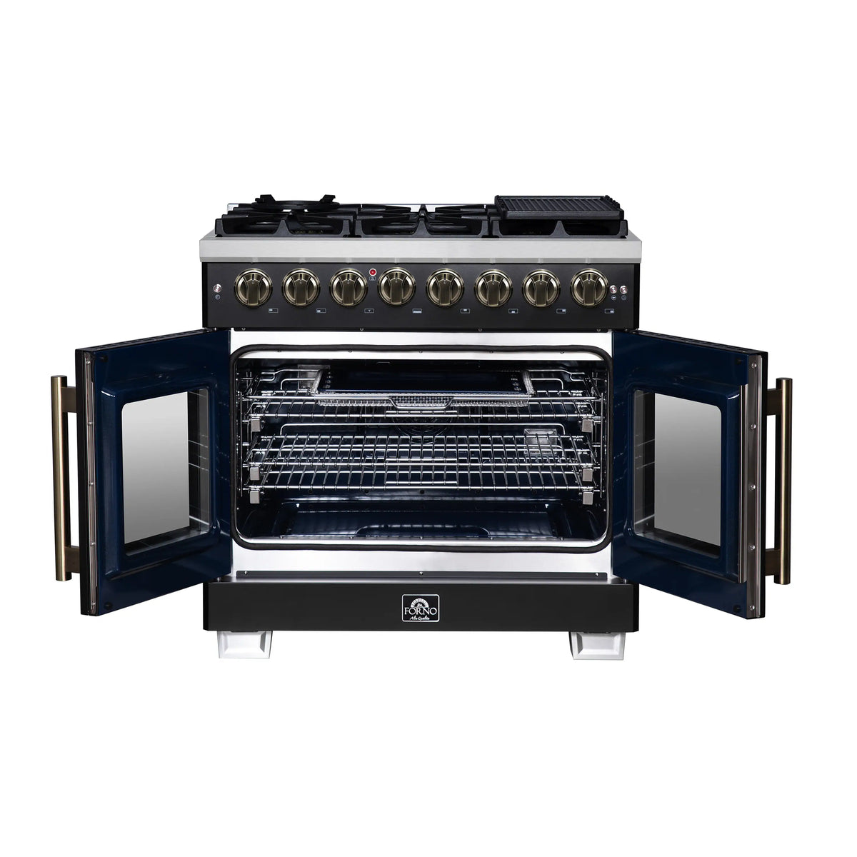 Forno Capriasca 36-Inch Freestanding Dual Fuel Range, French Door Oven, Black with Antique Brass Handle (FFSGS6387-36BLK)