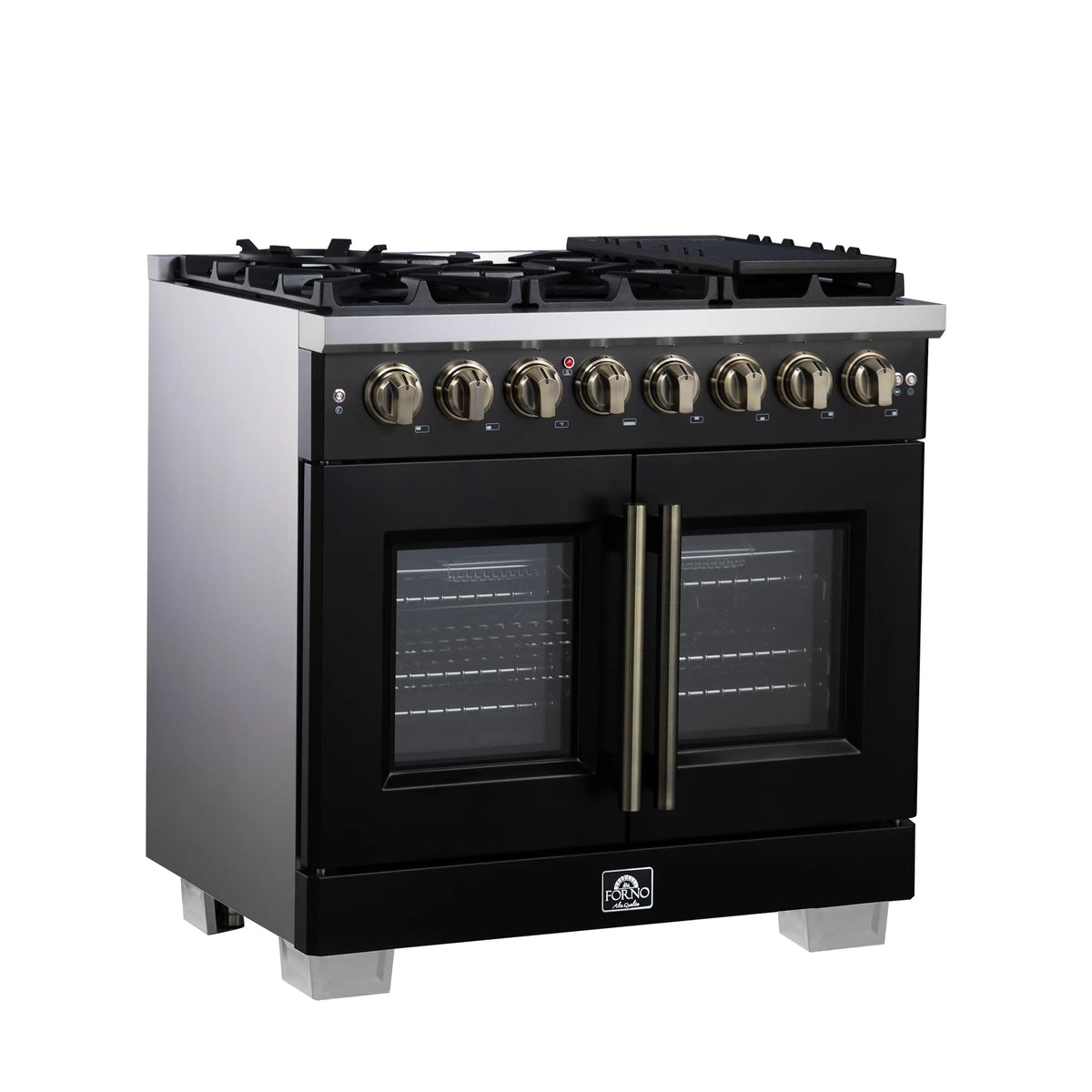 Forno Capriasca 36-Inch Freestanding Dual Fuel Range, French Door Oven, Black with Antique Brass Handle (FFSGS6387-36BLK)