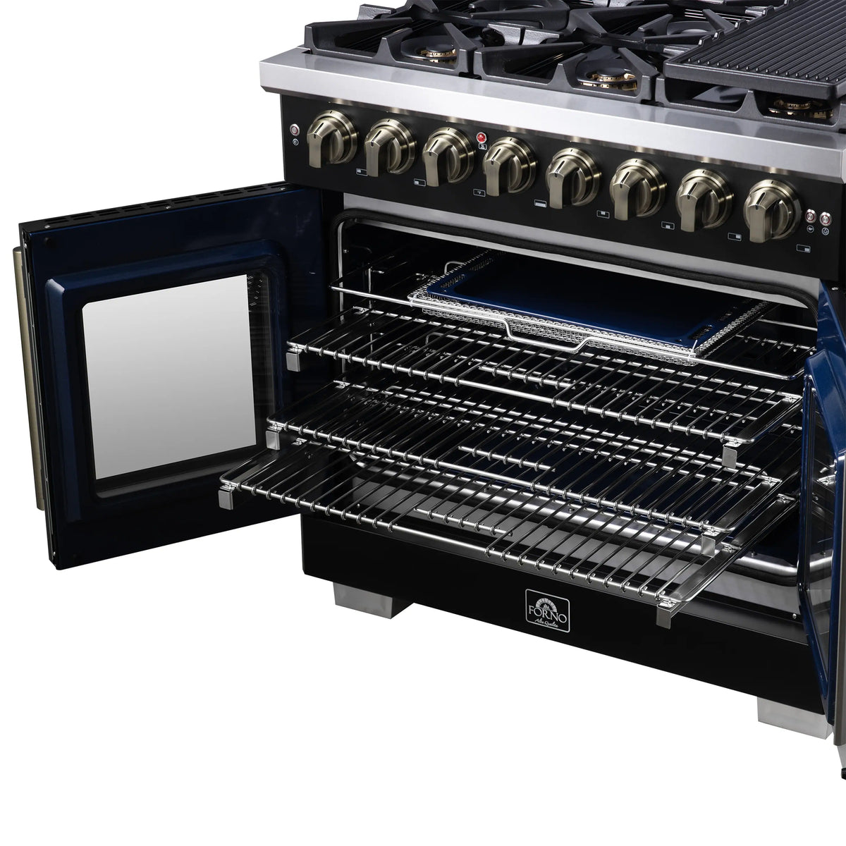 Forno Capriasca 36-Inch Freestanding Dual Fuel Range, French Door Oven, Black with Antique Brass Handle (FFSGS6387-36BLK)