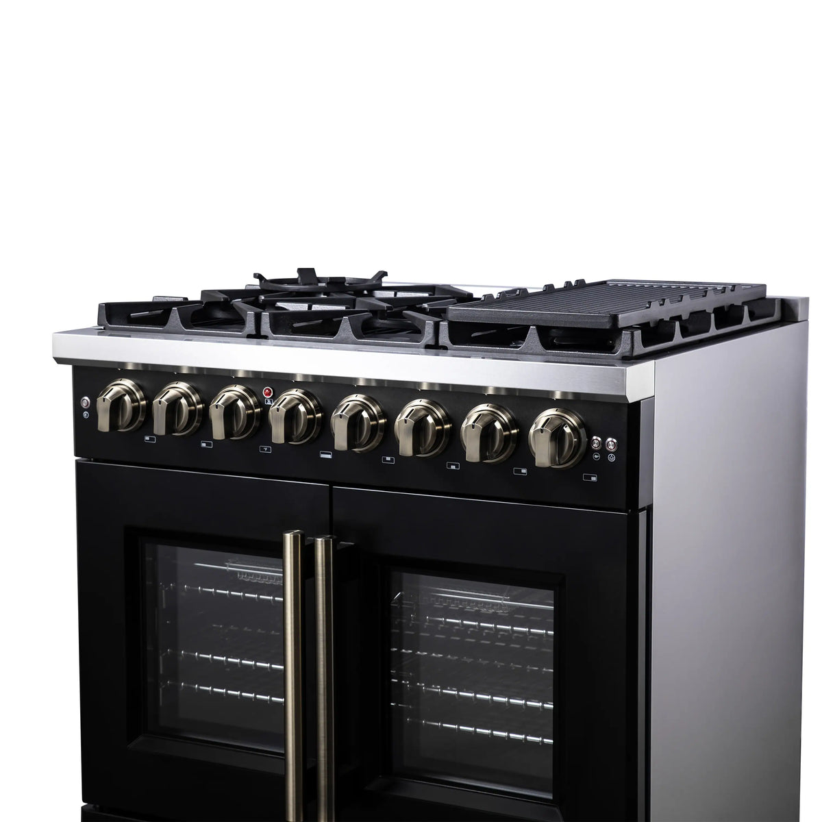 Forno Capriasca 36-Inch Freestanding Dual Fuel Range, French Door Oven, Black with Antique Brass Handle (FFSGS6387-36BLK)