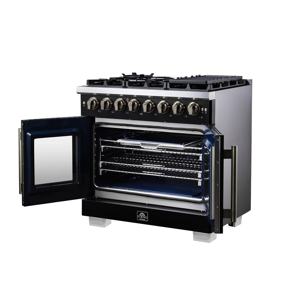 Forno Capriasca 36-Inch Freestanding Dual Fuel Range, French Door Oven, Black with Antique Brass Handle (FFSGS6387-36BLK)