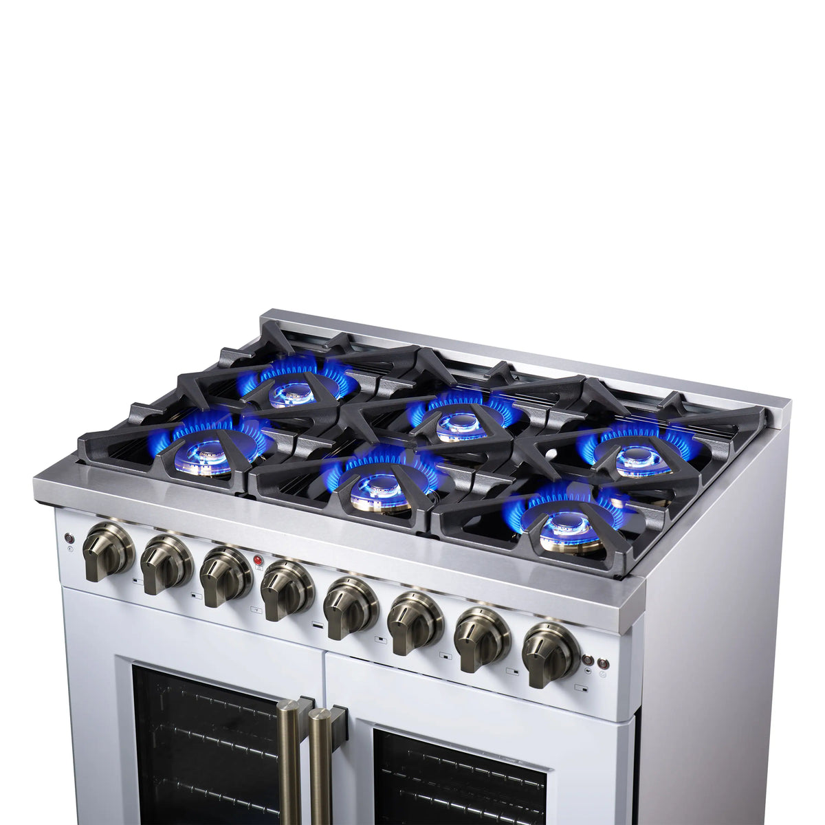 Forno Capriasca 36-Inch Freestanding Dual Fuel Range, French Door Oven, White with Antique Brass Handle (FFSGS6387-36WHT)