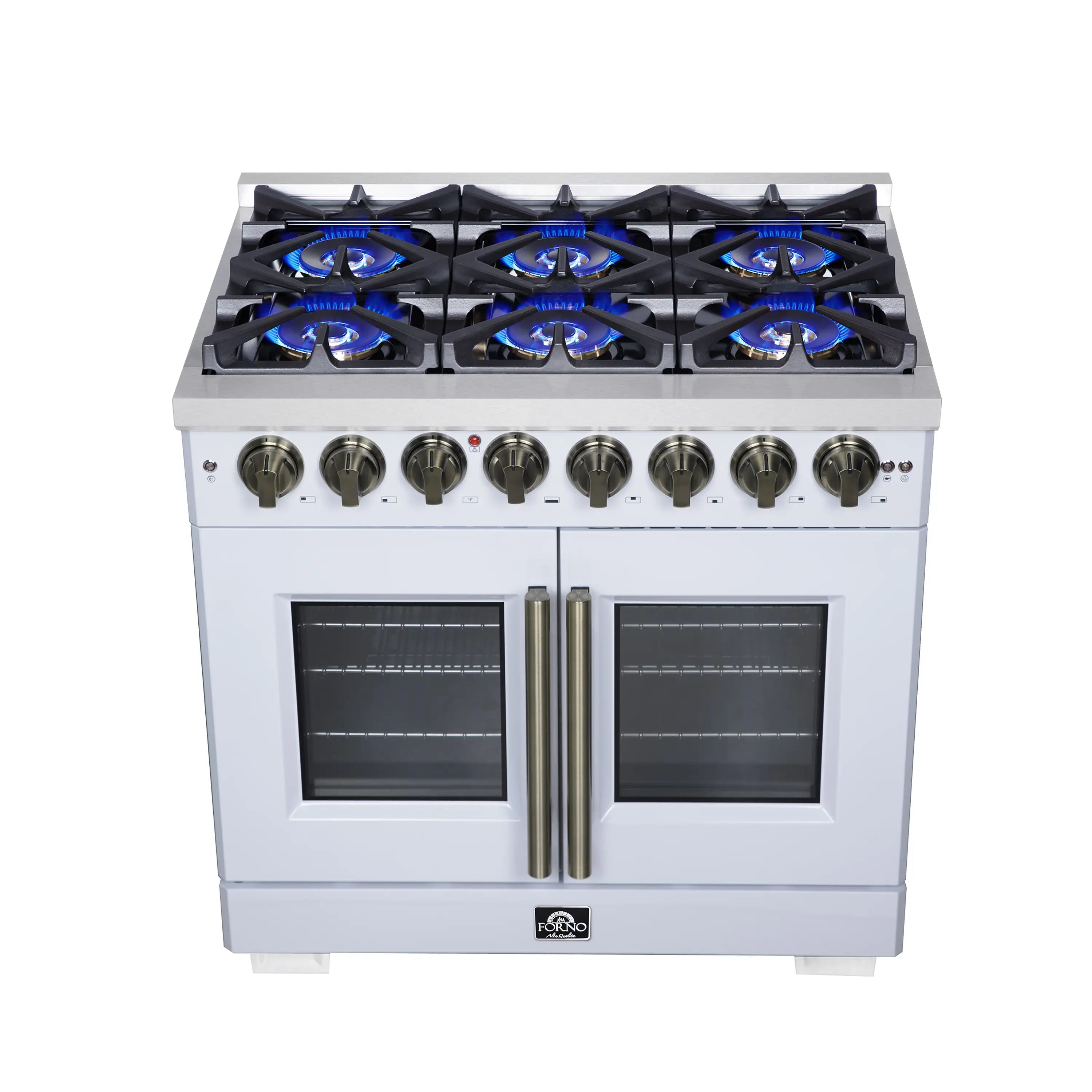 Forno Capriasca 36-Inch Freestanding French Door Dual Fuel Range in White with Antique Brass Handle (FFSGS6387-36WHT)