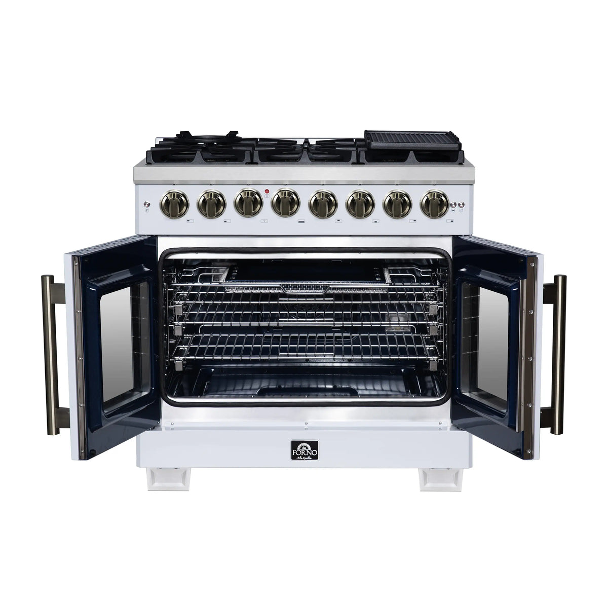 Forno Capriasca 36-Inch Freestanding Dual Fuel Range, French Door Oven, White with Antique Brass Handle (FFSGS6387-36WHT)