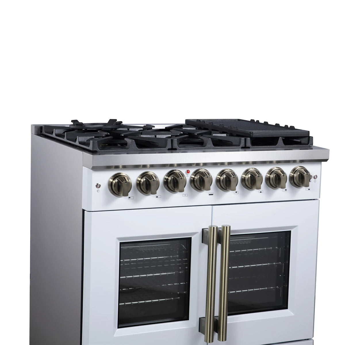 Forno Capriasca 36-Inch Freestanding Dual Fuel Range, French Door Oven, White with Antique Brass Handle (FFSGS6387-36WHT)