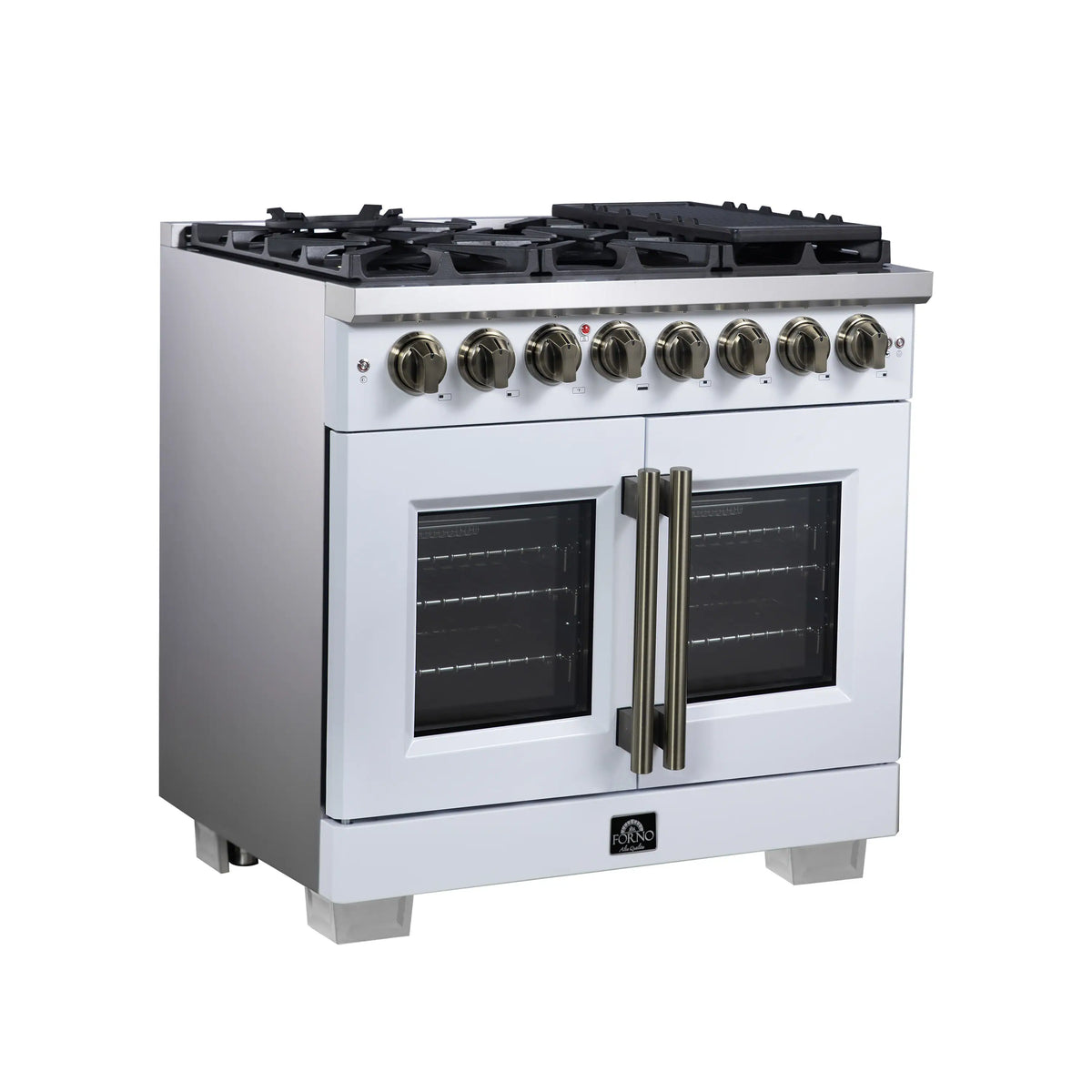 Forno Capriasca 36-Inch Freestanding Dual Fuel Range, French Door Oven, White with Antique Brass Handle (FFSGS6387-36WHT)