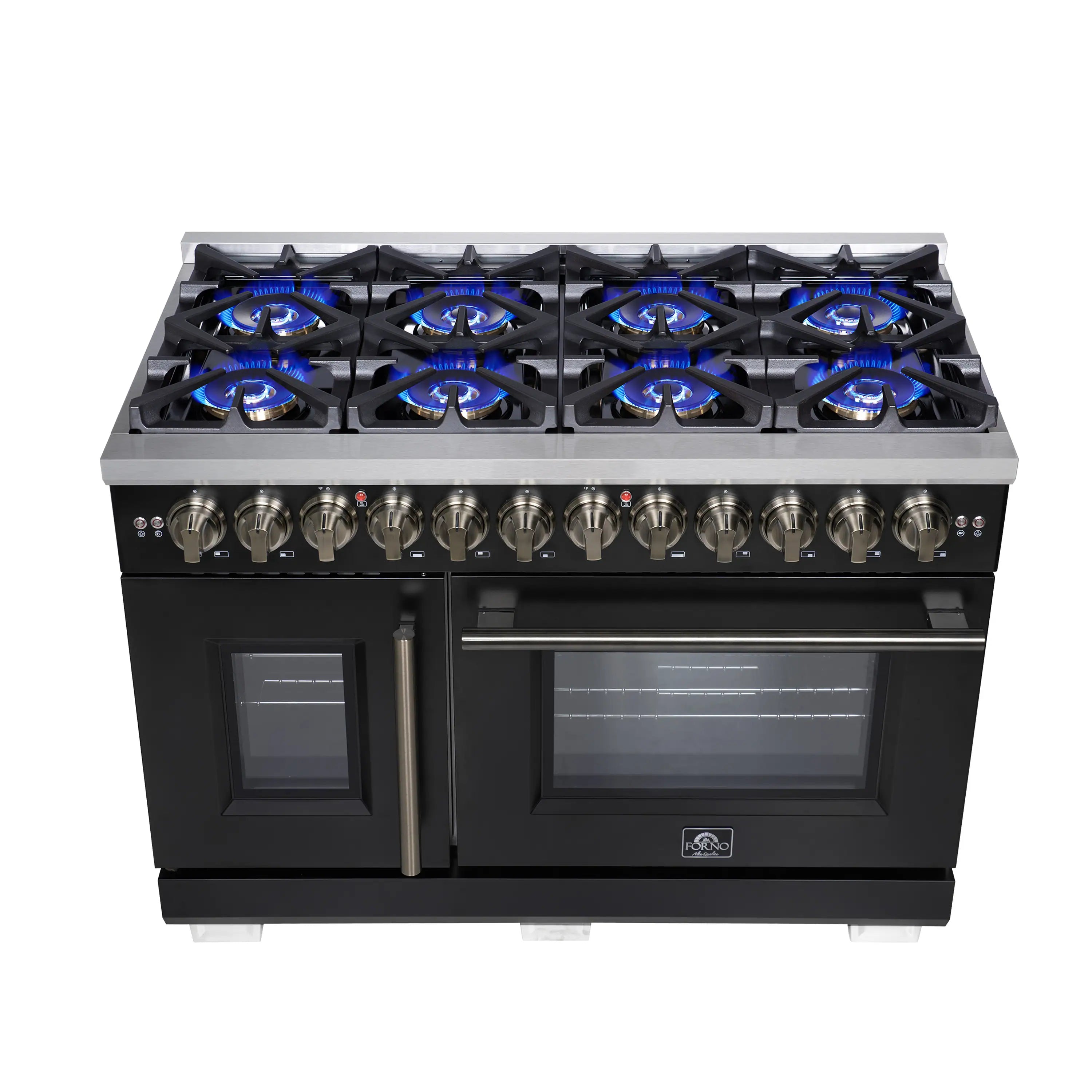 Forno Capriasca 48-Inch Freestanding French Door Dual Fuel Range in Black with Antique Brass Handle (FFSGS6387-48BLK)