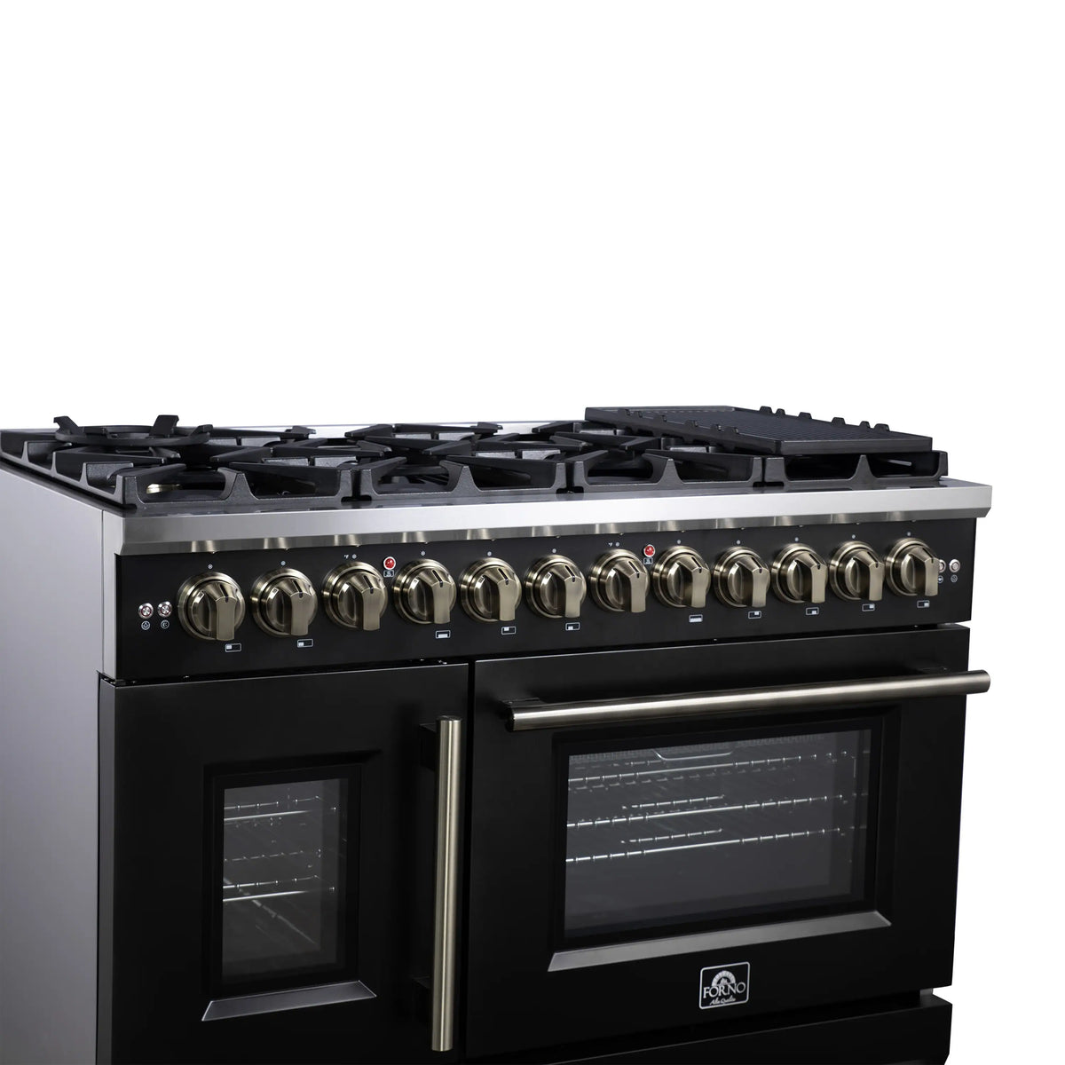 Forno Capriasca 48-Inch Freestanding Dual Fuel Range, French Door Oven, Black with Antique Brass Handle (FFSGS6387-48BLK)