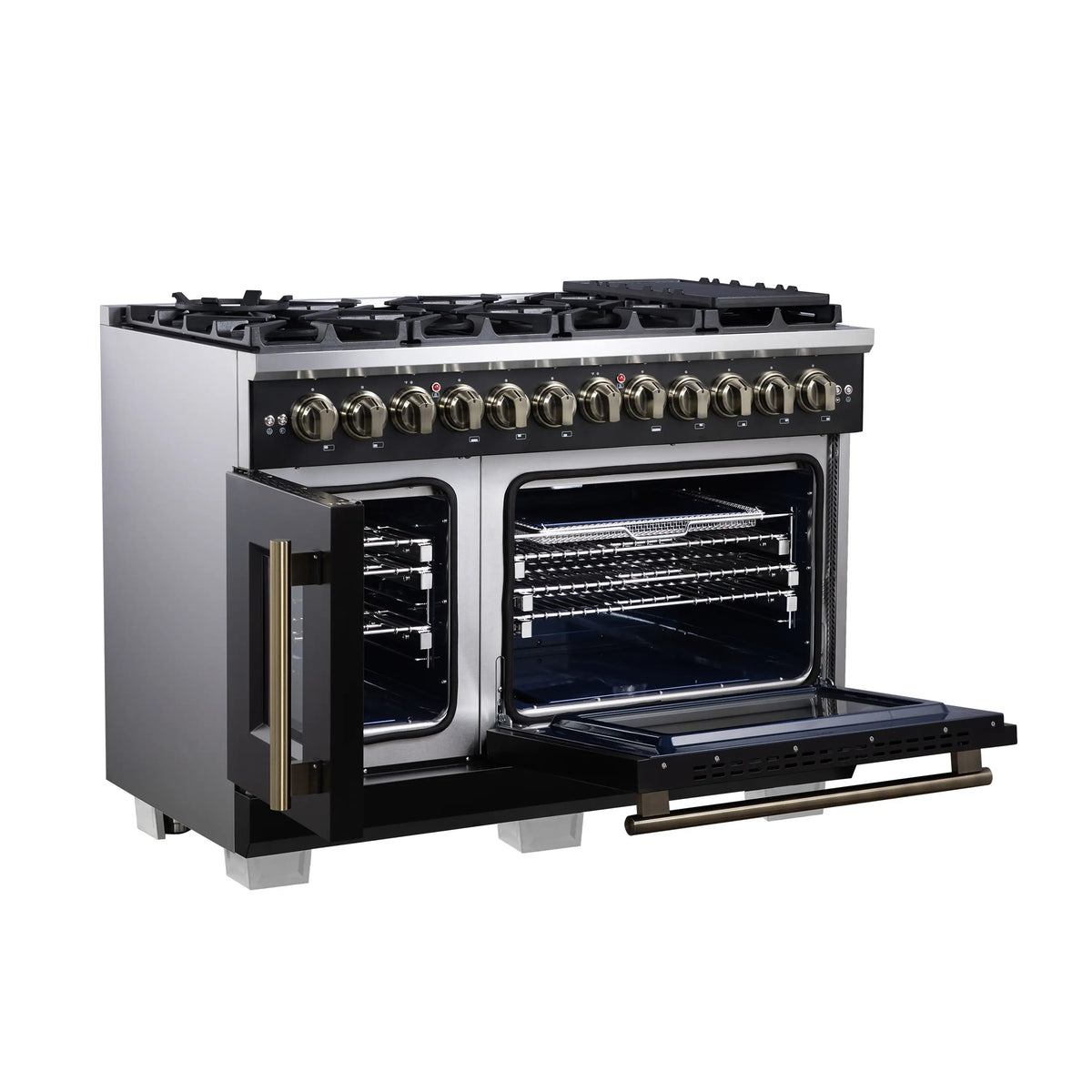 Forno Capriasca 48-Inch Freestanding Dual Fuel Range, French Door Oven, Black with Antique Brass Handle (FFSGS6387-48BLK)