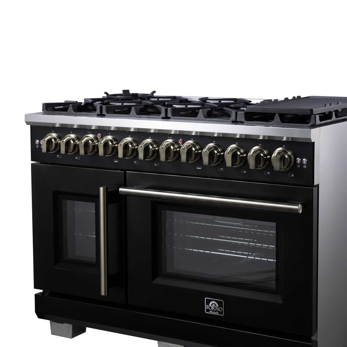 Forno Capriasca 48-Inch Freestanding Dual Fuel Range, French Door Oven, Black with Antique Brass Handle (FFSGS6387-48BLK)