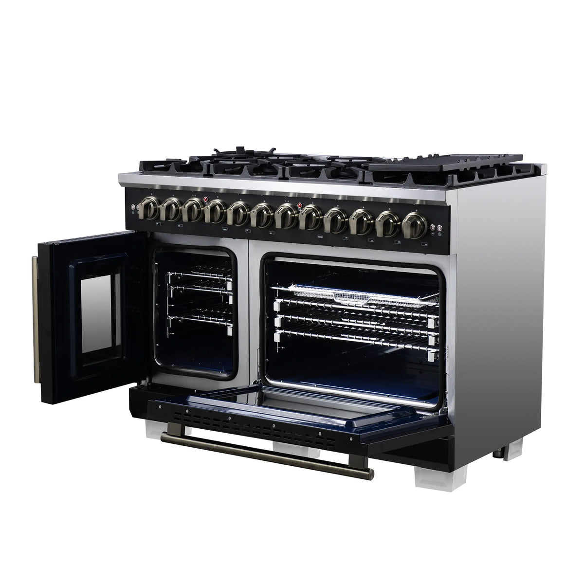 Forno Capriasca 48-Inch Freestanding Dual Fuel Range, French Door Oven, Black with Antique Brass Handle (FFSGS6387-48BLK)