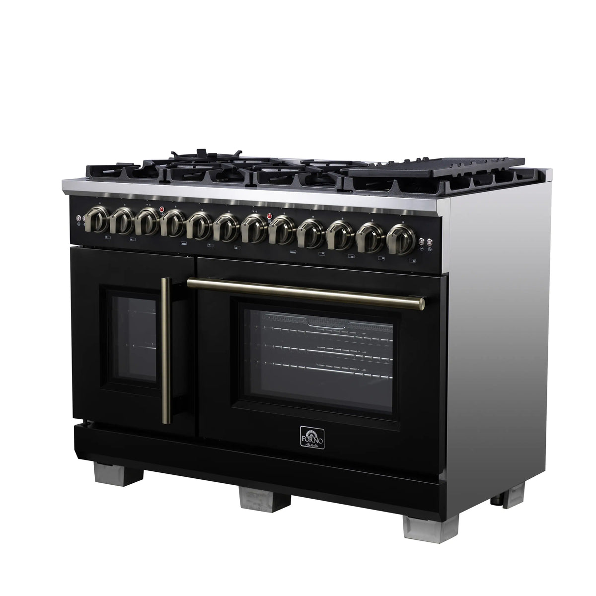 Forno Capriasca 48-Inch Freestanding Dual Fuel Range, French Door Oven, Black with Antique Brass Handle (FFSGS6387-48BLK)