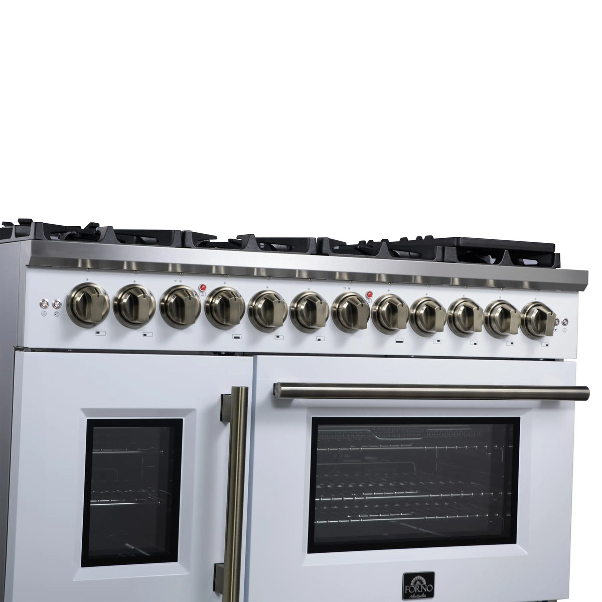 Forno Capriasca 48-Inch Freestanding Dual Fuel Range, French Door Oven, White with Antique Brass Handle (FFSGS6387-48WHT)