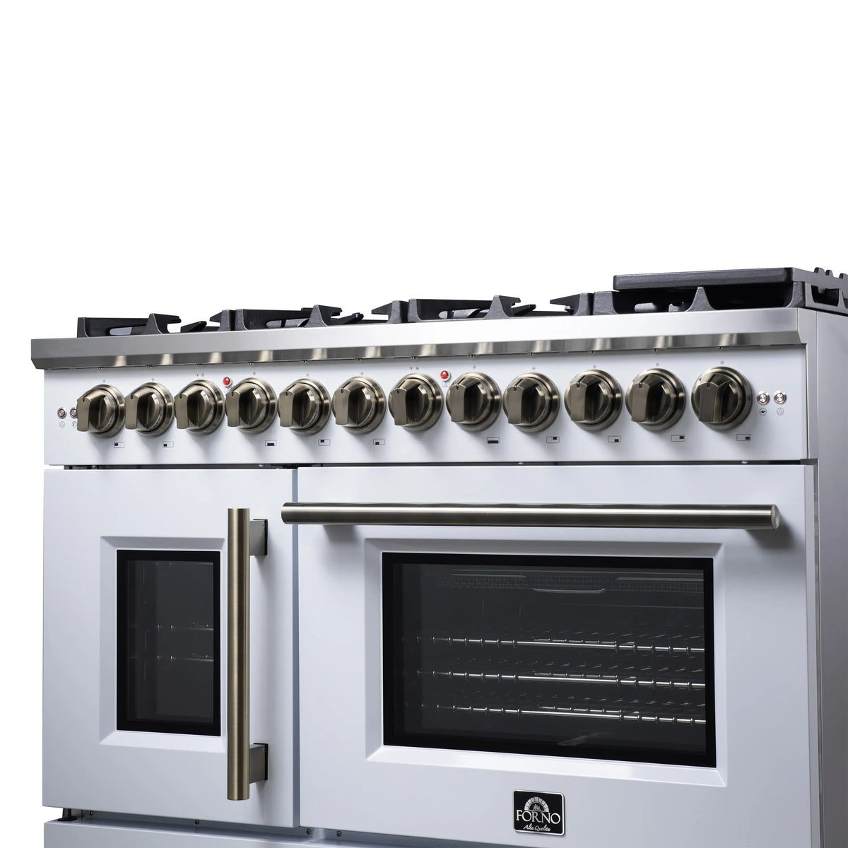 Forno Capriasca 48-Inch Freestanding Dual Fuel Range, French Door Oven, White with Antique Brass Handle (FFSGS6387-48WHT)