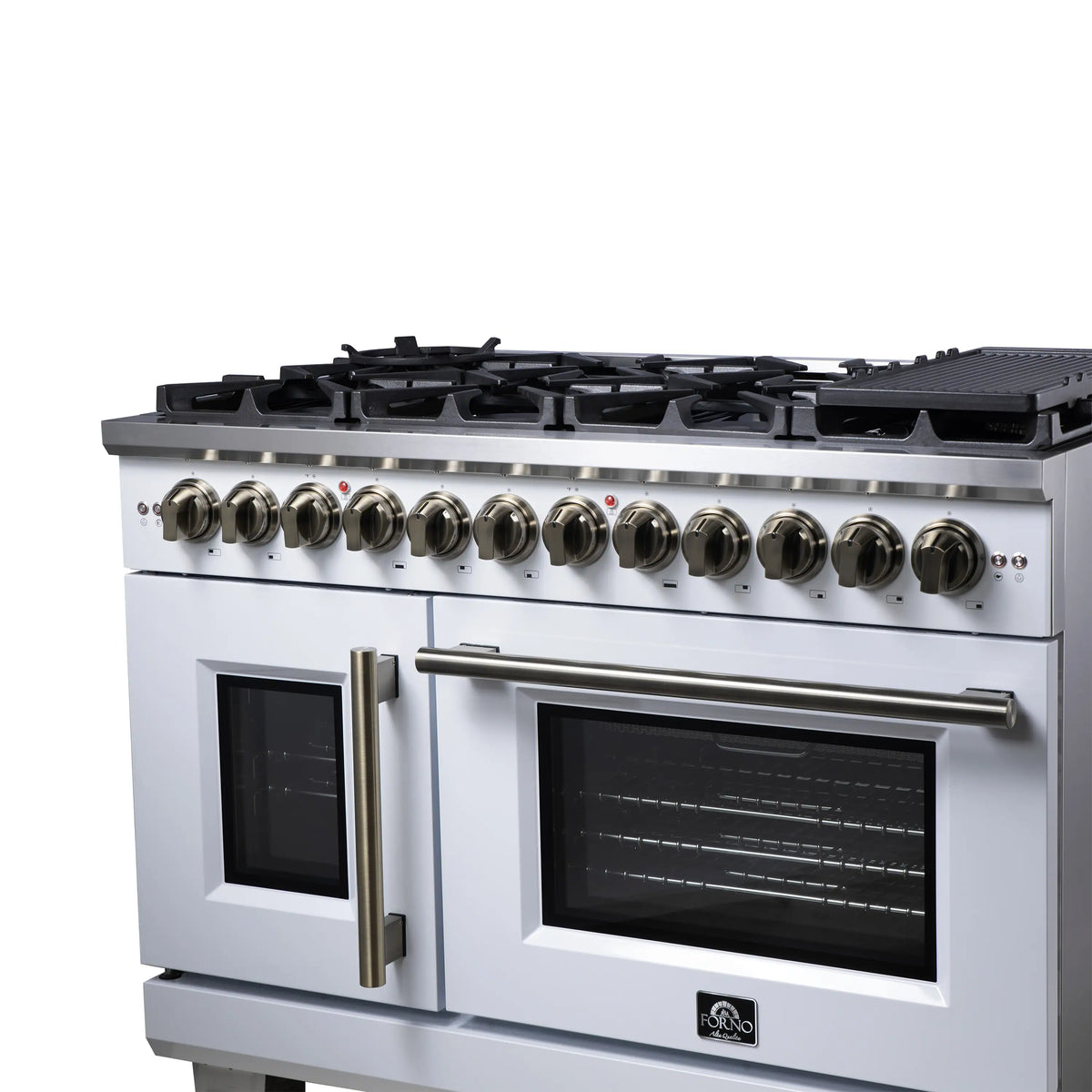 Forno Capriasca 48-Inch Freestanding Dual Fuel Range, French Door Oven, White with Antique Brass Handle (FFSGS6387-48WHT)