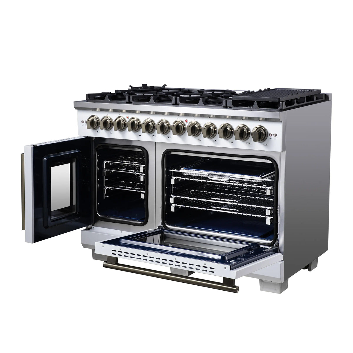 Forno Capriasca 48-Inch Freestanding Dual Fuel Range, French Door Oven, White with Antique Brass Handle (FFSGS6387-48WHT)