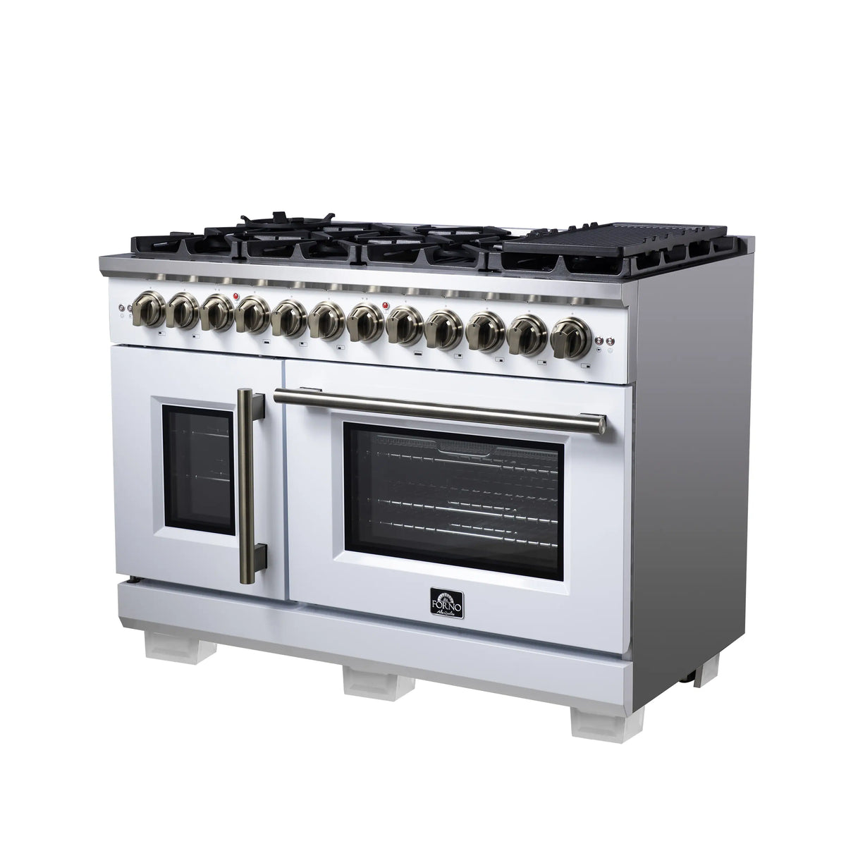 Forno Capriasca 48-Inch Freestanding Dual Fuel Range, French Door Oven, White with Antique Brass Handle (FFSGS6387-48WHT)