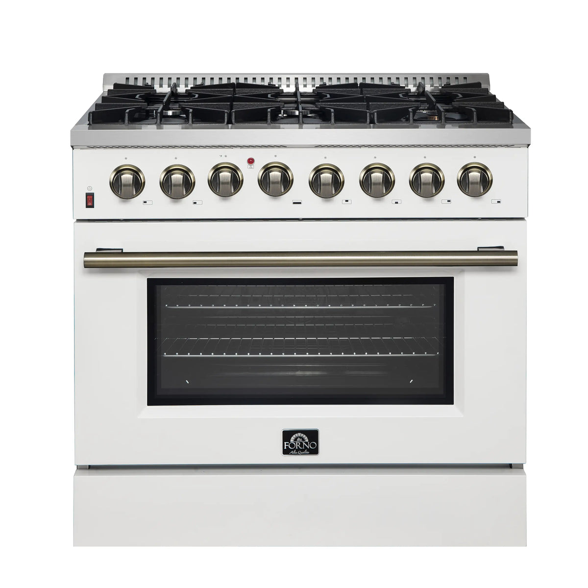 Forno 4-Piece Appliance Package - 36-Inch Dual Fuel Range, Wall Mount Range Hood, 60-Inch Built-In Convertible Refrigerator, and Dishwasher in White with Antique Brass Trim