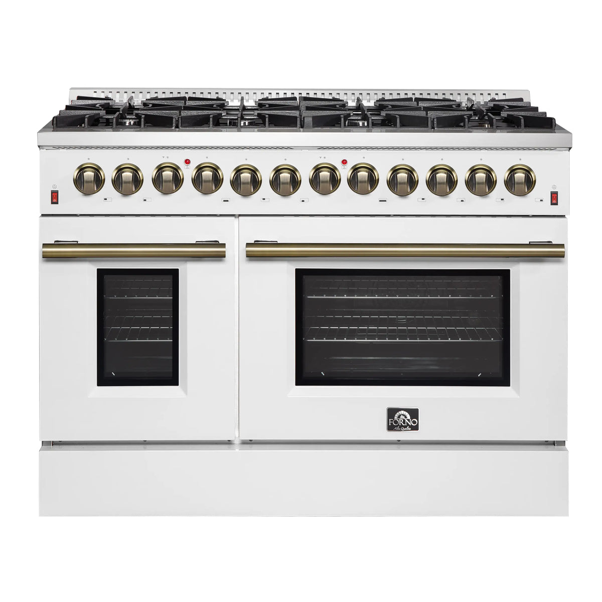 Forno Galiano 3-Piece Appliance Package - 48-Inch Dual Fuel Range, 36-Inch Refrigerator, & 24-Inch Dishwasher in White with Antique Brass Trim