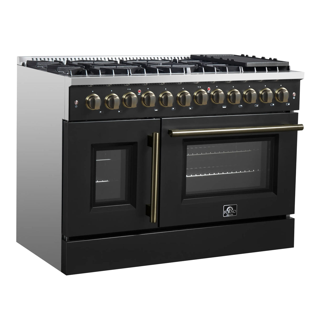 Forno Galiano 48-Inch Dual Fuel Range, 8 Burners, 6.58 Cu. Ft. French Door Convection Oven, Black with Antique Brass Trim (FFSGS6356-48BLK)