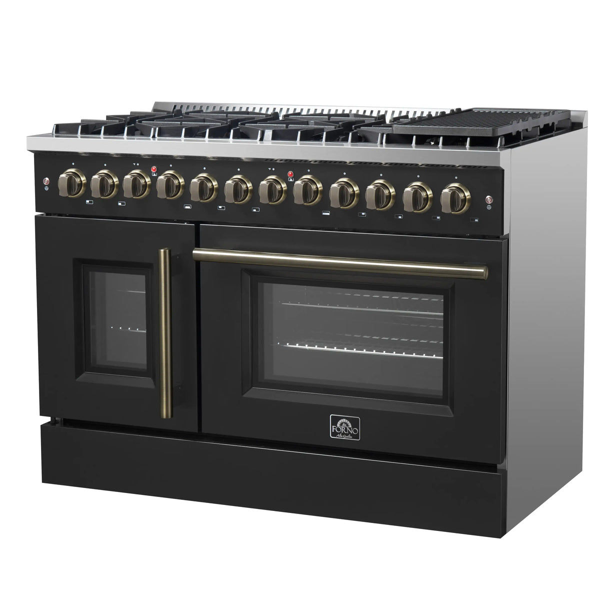 Forno Galiano 48-Inch Dual Fuel Range, 8 Burners, 6.58 Cu. Ft. French Door Convection Oven, Black with Antique Brass Trim (FFSGS6356-48BLK)