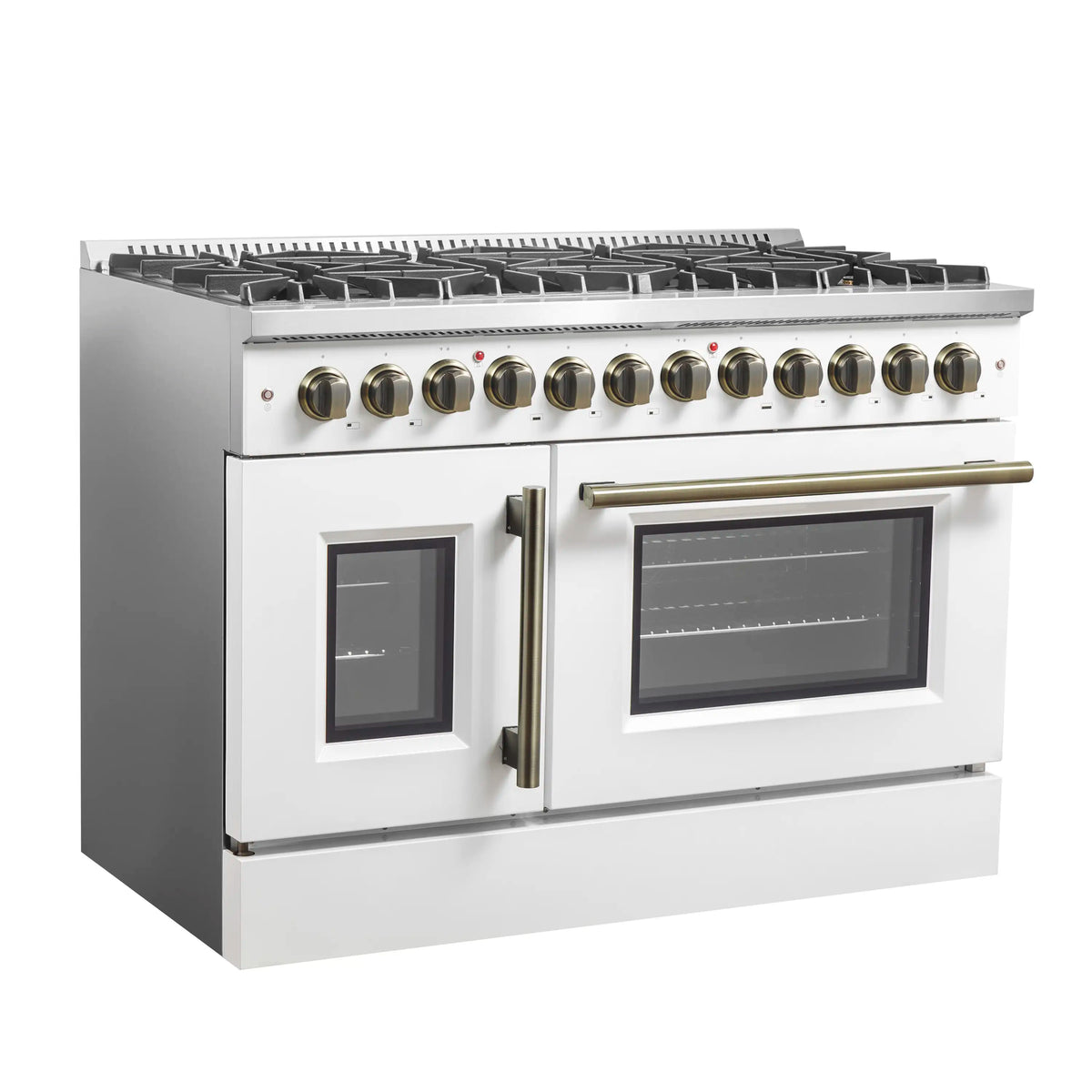 Forno Galiano 48-Inch Dual Fuel Range, 8 Burners, 6.58 Cu. Ft. French Door Convection Oven, White with Antique Brass Handle (FFSGS6356-48WHT)