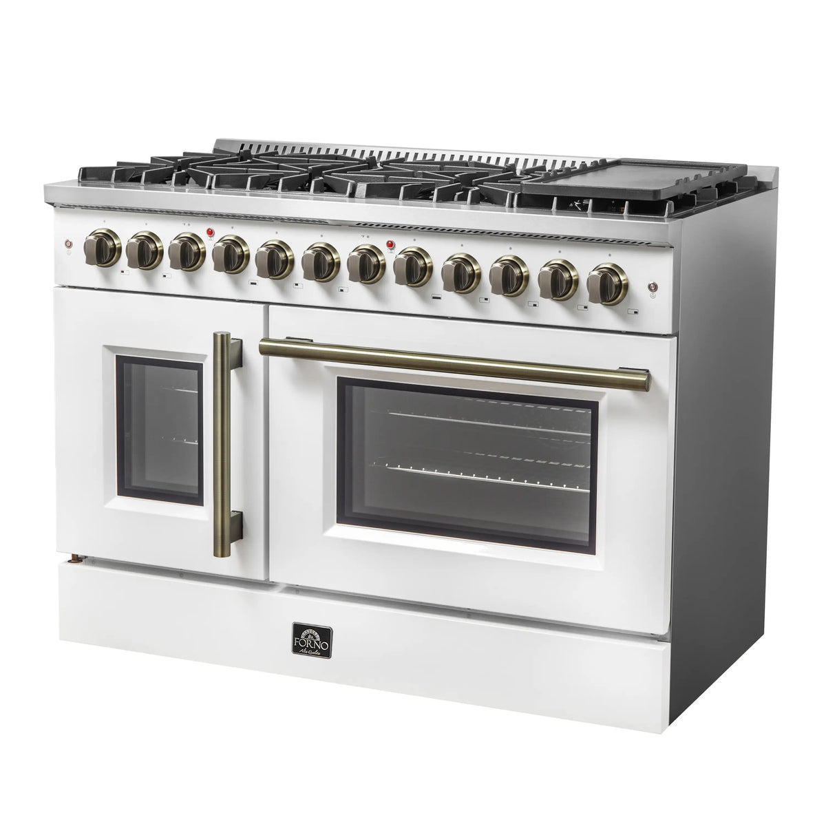 Forno Galiano 48-Inch Dual Fuel Range, 8 Burners, 6.58 Cu. Ft. French Door Convection Oven, White with Antique Brass Handle (FFSGS6356-48WHT)