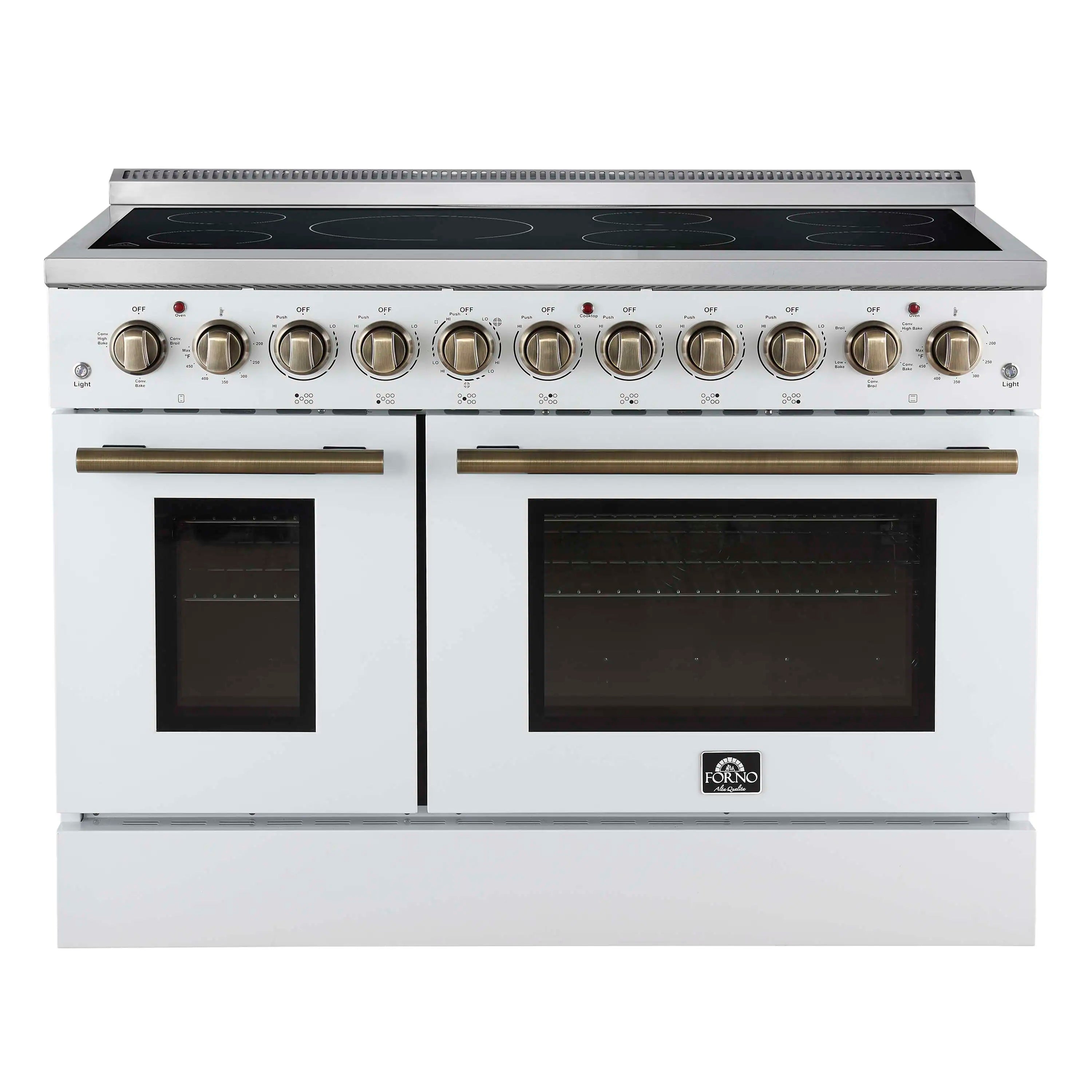 Forno Paolo 48-Inch Freestanding Electric Range with 6.7 Cu.Ft True Convection Oven in White with Antique Brass Handle (FFSEL6011-48WHT)