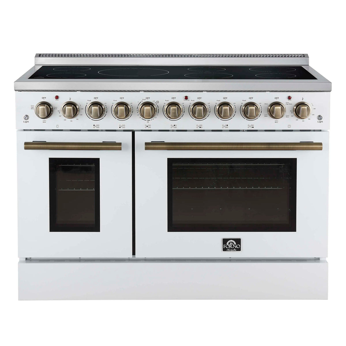 Forno 3-Piece Appliance Package - 48-Inch Electric Range, Wall Mount Range Hood, and 36-Inch Refrigerator in White with Antique Brass Trim