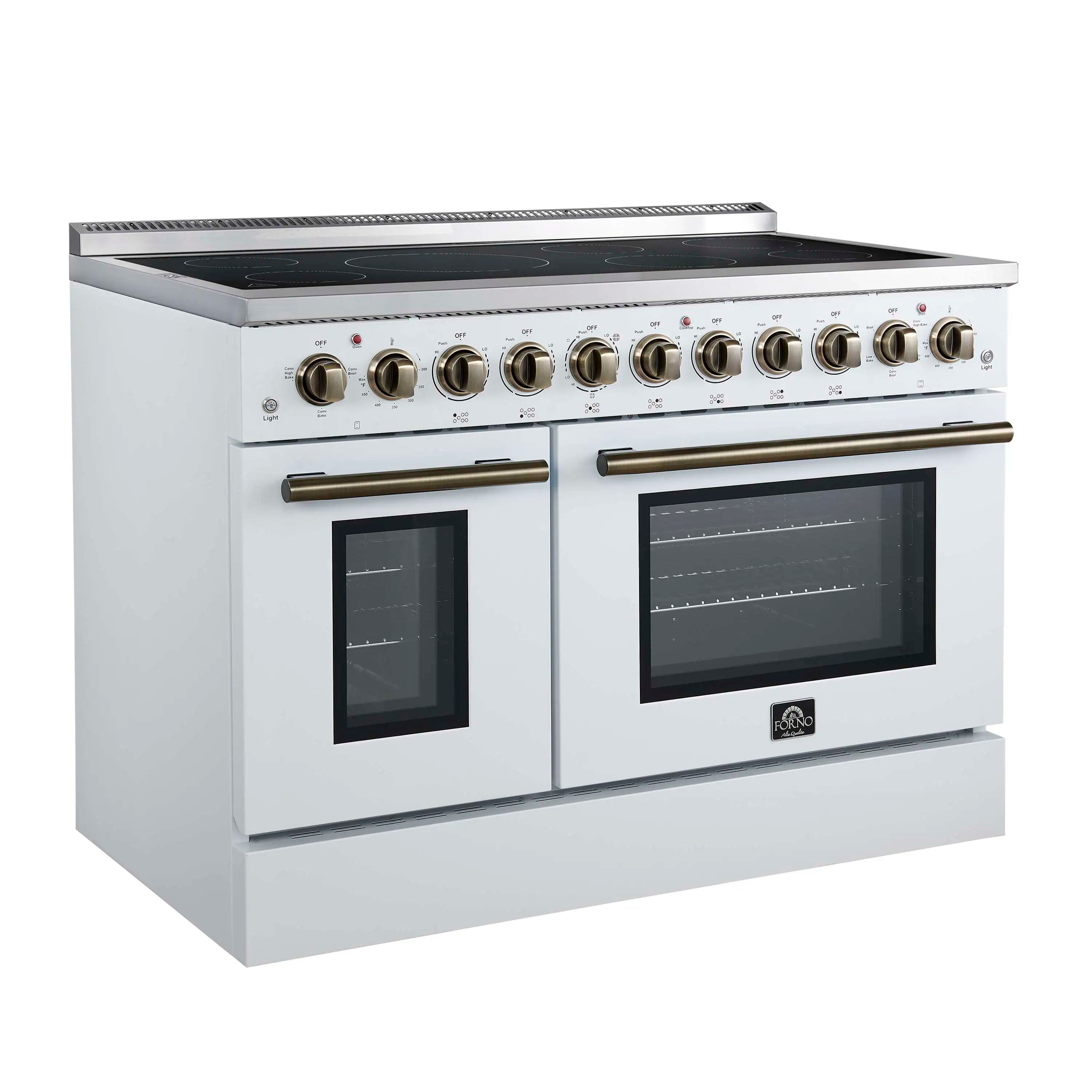 Forno Paolo 48-Inch Freestanding Electric Range with 6.7 Cu.Ft True Convection Oven in White with Antique Brass Handle (FFSEL6011-48WHT)