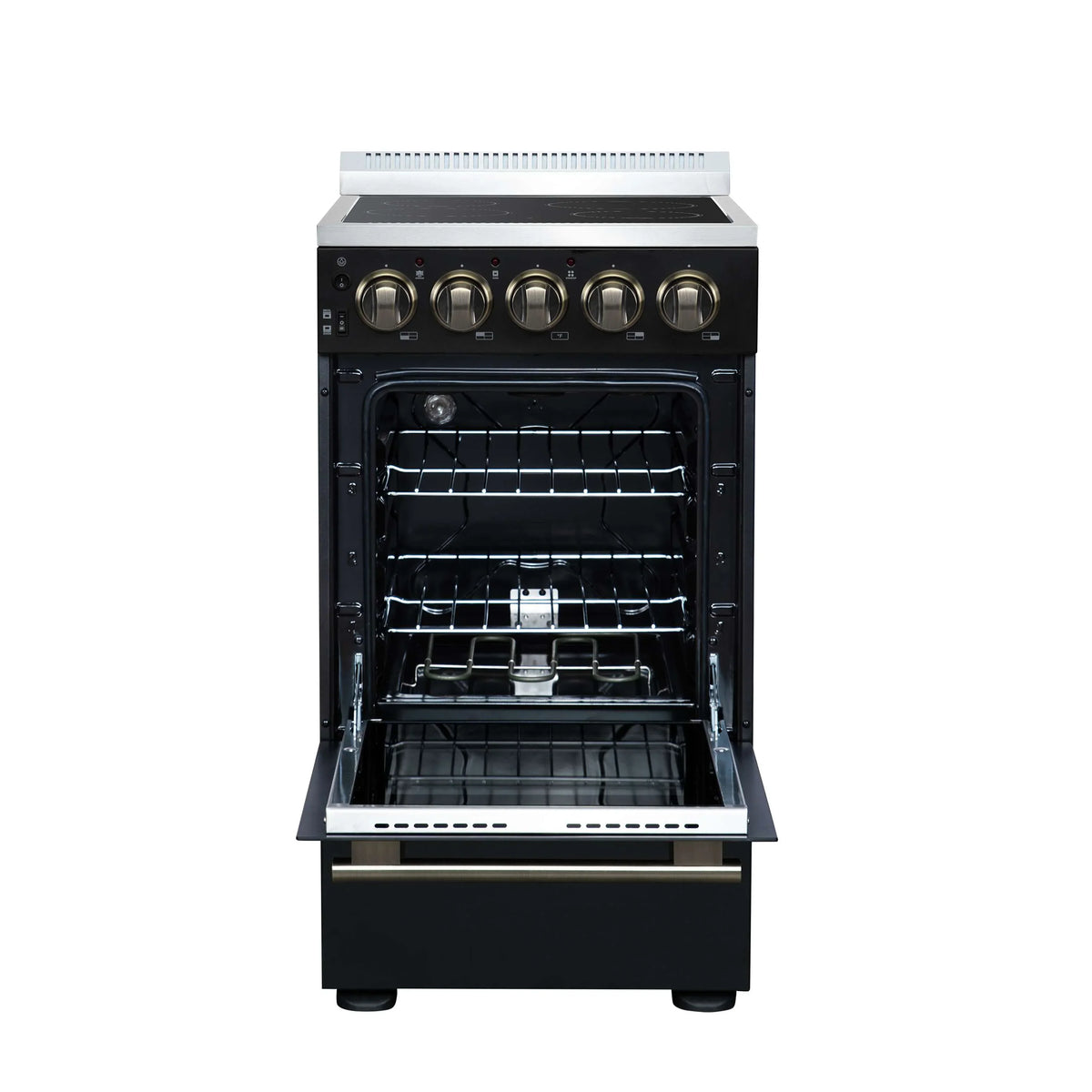 Forno Pallerano 20-Inch Freestanding Electric Range, Black with Antique Brass Trim (FFSEL6052-20BLK)