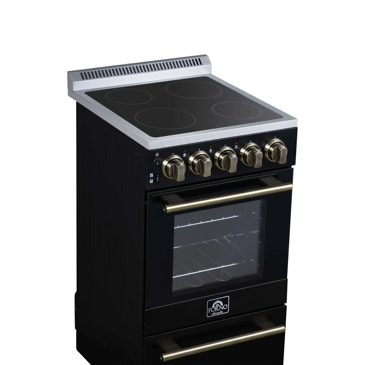 Forno Pallerano 20-Inch Freestanding Electric Range, Black with Antique Brass Trim (FFSEL6052-20BLK)