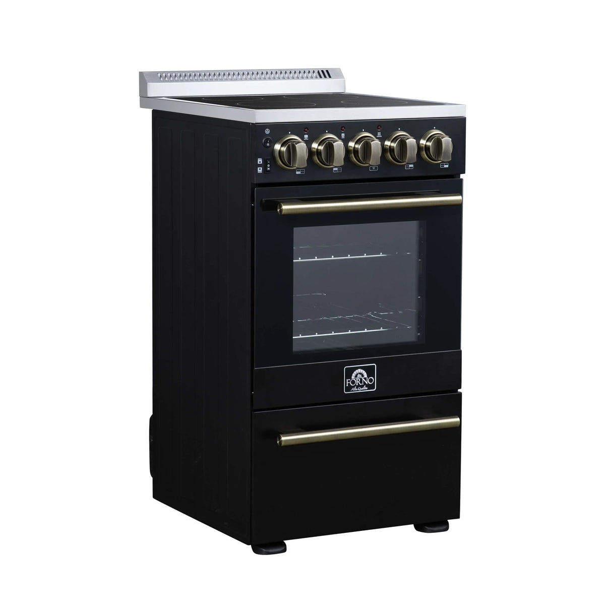 Forno Pallerano 20-Inch Freestanding Electric Range, Black with Antique Brass Trim (FFSEL6052-20BLK)