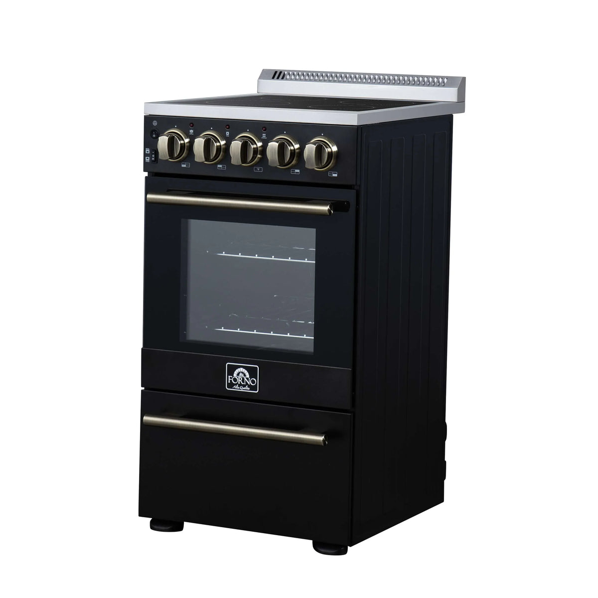 Forno Pallerano 20-Inch Freestanding Electric Range, Black with Antique Brass Trim (FFSEL6052-20BLK)