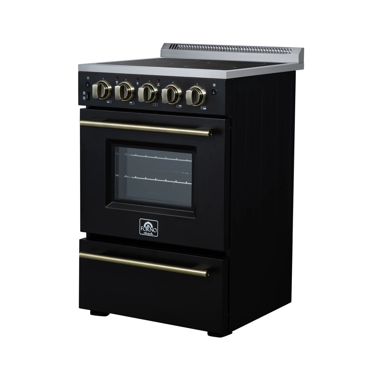 Forno Loiano 24-Inch Freestanding Electric Range, Black with Antique Brass Trim (FFSEL6069-24BLK)