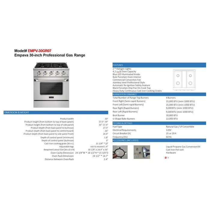 Empava 30-Inch Slide-In Natural Gas Range, 4 Burners, 4.2 Cu. Ft. Single Oven (EMPV-30GR07)