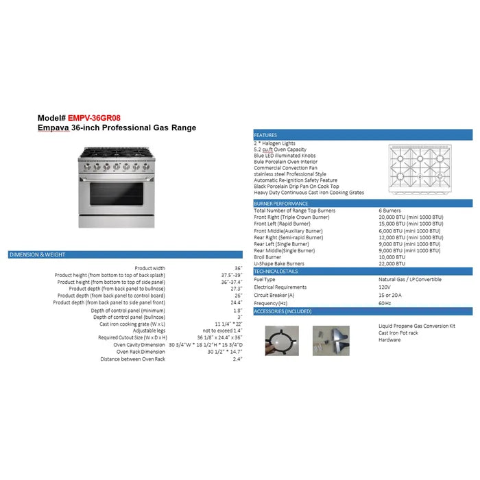 Empava 36-Inch Slide-In Natural Gas Range, 6 Burners, 5.2 Cu. Ft. Single Oven (EMPV-36GR08)