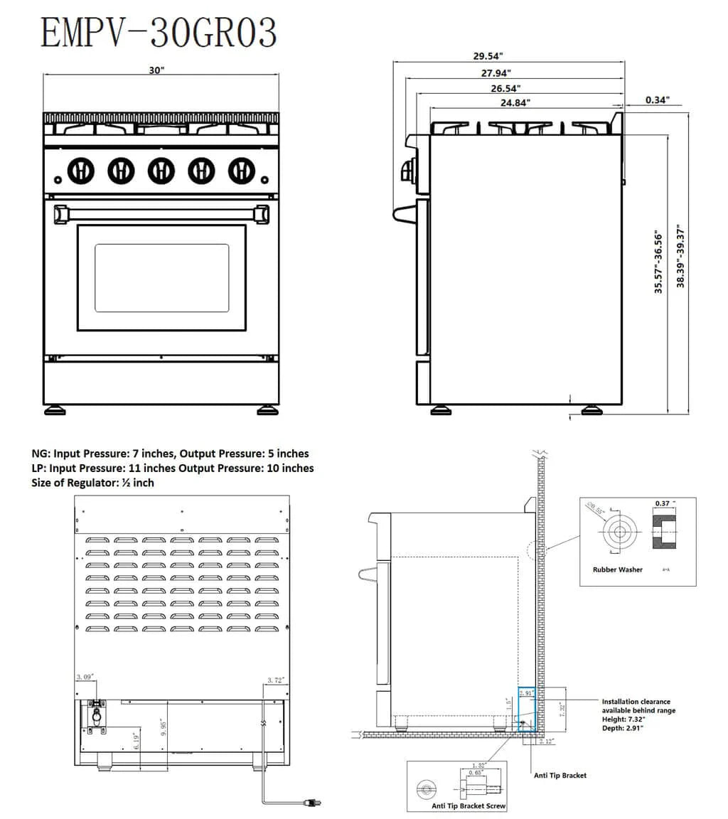 Empava 30-Inch Slide-In Natural Gas Range, 4 Burners, 4.2 Cu. Ft. Single Oven (EMPV-30GR03)