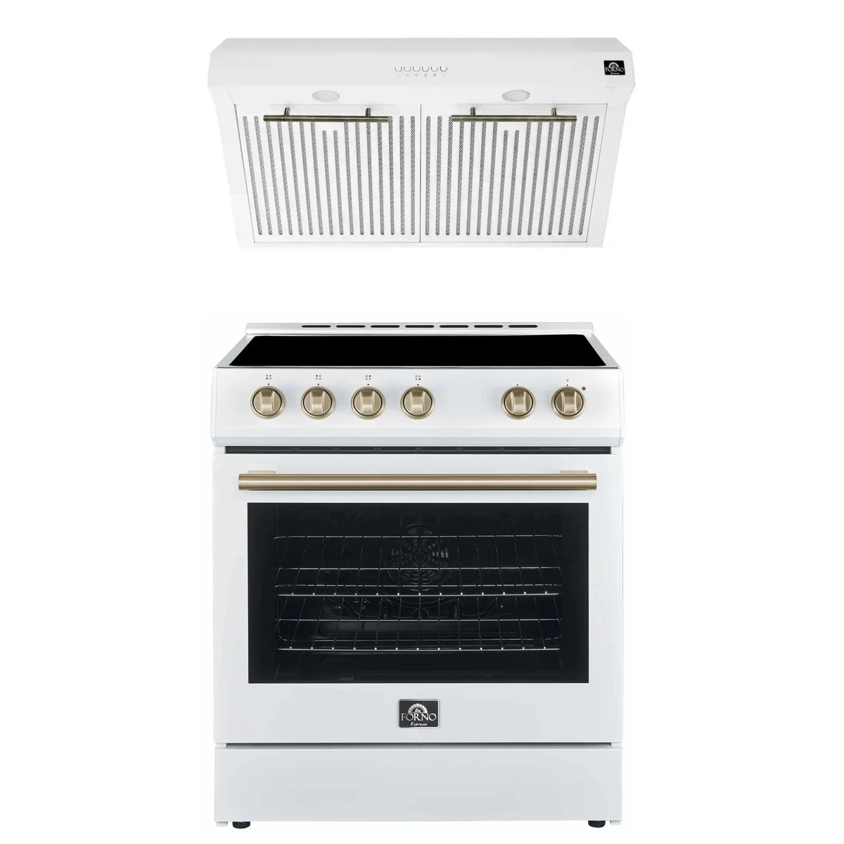 Forno Espresso 2-Piece Appliance Package - 30-Inch Electric Range with 5.0 Cu.Ft. Electric Oven and Under Cabinet Range Hood in White with Antique Brass Trim (FBDL-002-03US)