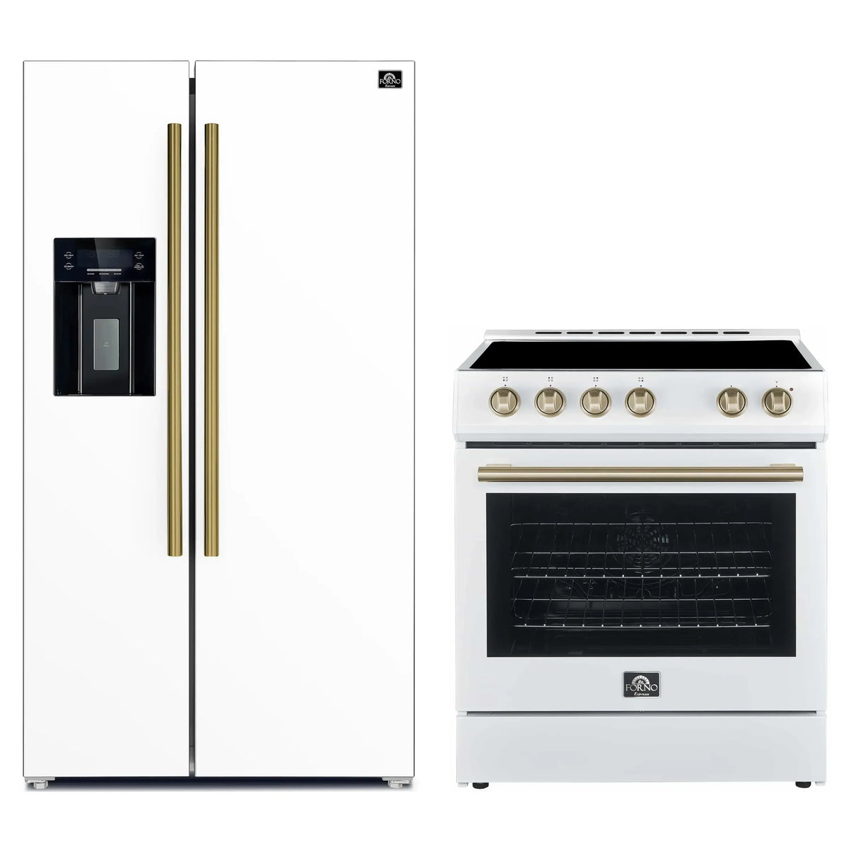 Forno 2-Piece Appliance Package - 30-Inch Electric Range and 36-Inch Side by Side Refrigerator in White with Antique Brass Trim (FBDL-003-10US)