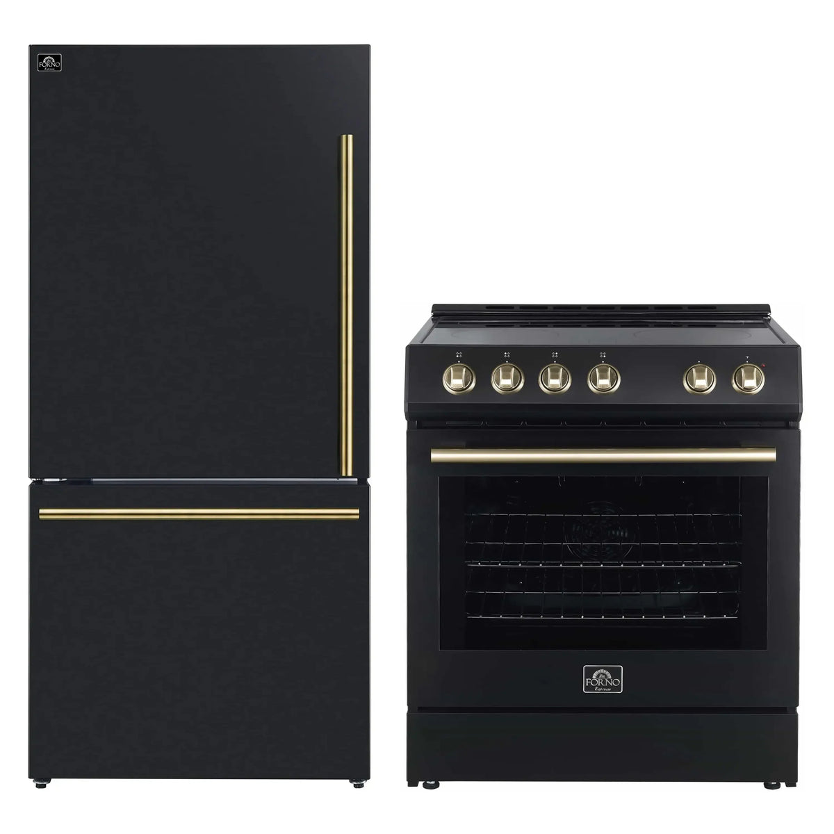 Forno 2-Piece Appliance Package - 30-Inch Electric Range and 31-Inch Refrigerator in Black with Antique Brass Trim (FBDL-003-12US)