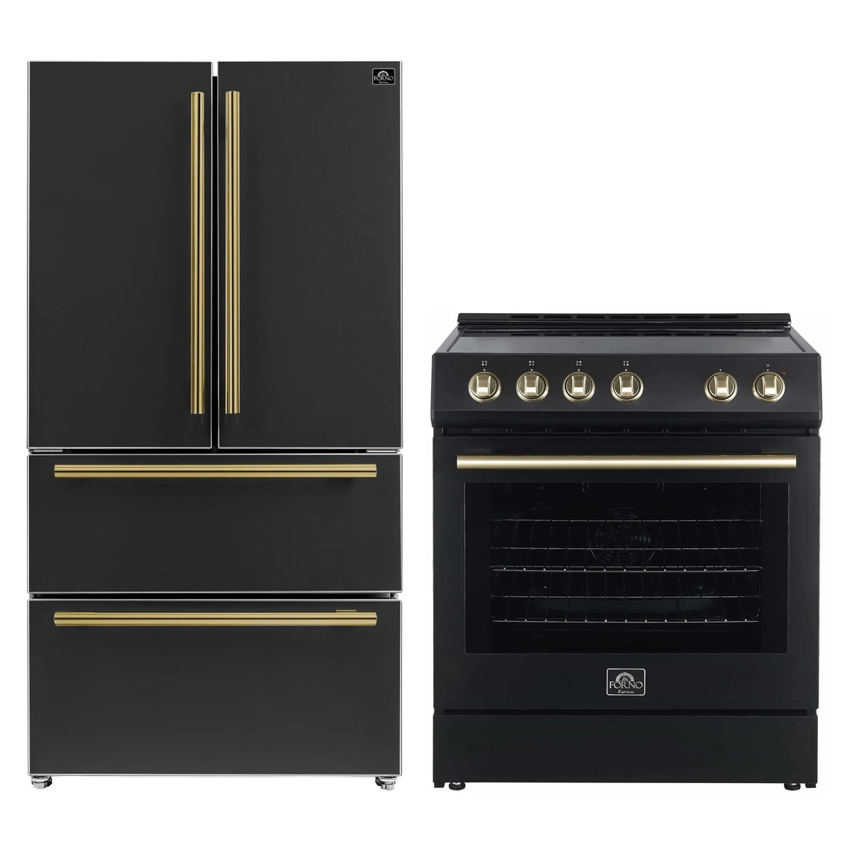 Forno 2-Piece Appliance Package - 30-Inch Electric Range and 36-Inch French Door Refrigerator in Black with Antique Brass Trim (FBDL-003-13US)