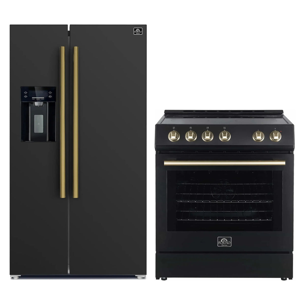 Forno 2-Piece Appliance Package - 30-Inch Electric Range and 36-Inch Side by Side Refrigerator with Water Dispenser in Black with Antique Brass Trim (FBDL-003-14US)